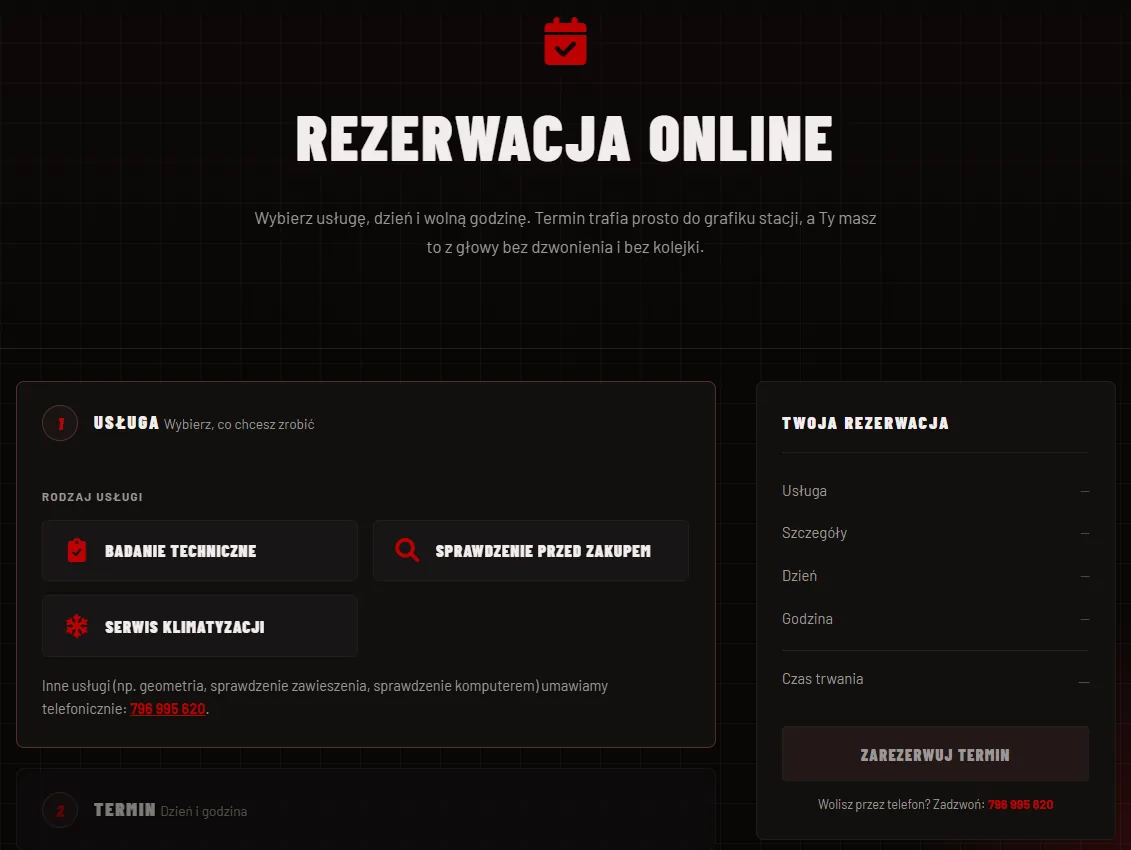 System rezerwacji online SSCAR – wybór usługi, dnia i godziny