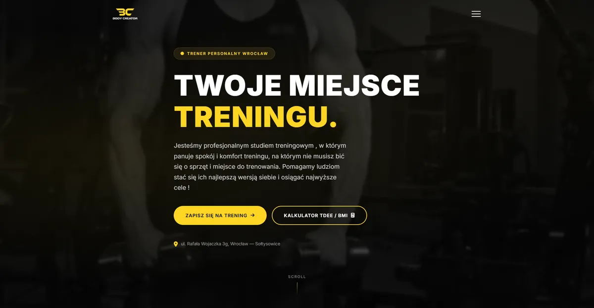 Body Creator - strona studia treningowego z autonomicznymi formularzami i kalkulatorem BMI